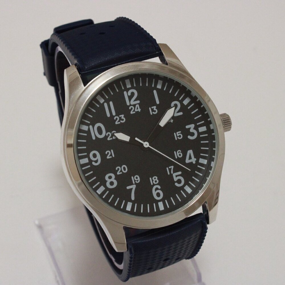 Men's Quartz Field Watch Silver Tone Case Blue Tropical Rubber Strap 42mm - Picture 2 of 12
